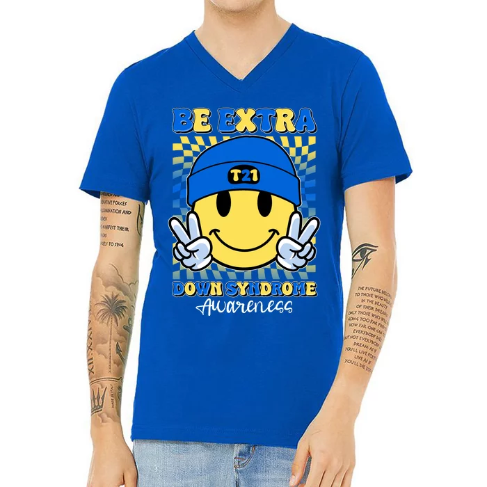 Retro Smiley Emoji Be Extra Down Syndrome Awareness V-Neck T-Shirt