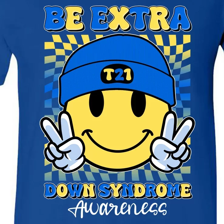 Retro Smiley Emoji Be Extra Down Syndrome Awareness V-Neck T-Shirt