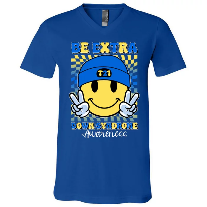 Retro Smiley Emoji Be Extra Down Syndrome Awareness V-Neck T-Shirt