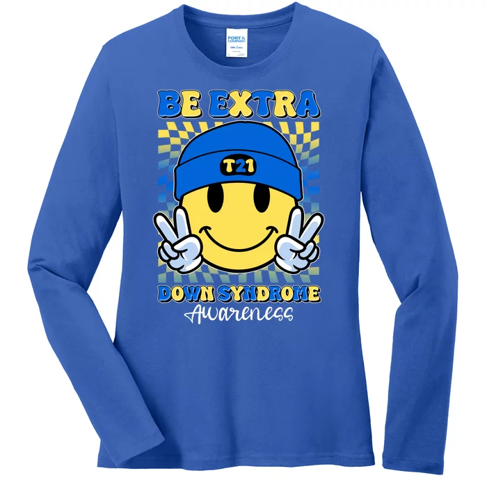 Retro Smiley Emoji Be Extra Down Syndrome Awareness Ladies Long Sleeve Shirt