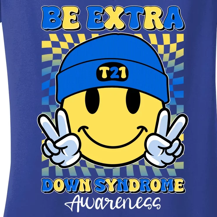 Retro Smiley Emoji Be Extra Down Syndrome Awareness Women's V-Neck T-Shirt