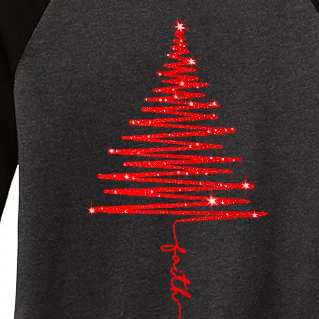 Red Sparkling Faith Christmas Tree Women's Tri-Blend 3/4-Sleeve Raglan Shirt