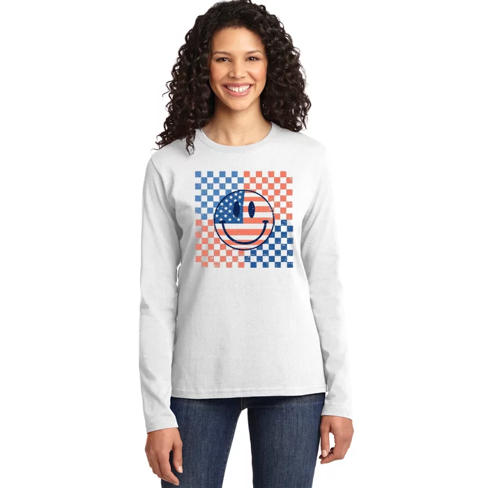 Retro Smiley Face American Flag 4th Of July Patriotic Ladies Long Sleeve Shirt