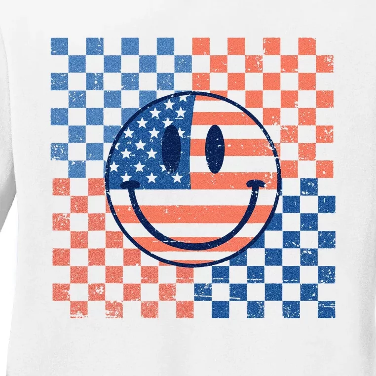 Retro Smiley Face American Flag 4th Of July Patriotic Ladies Long Sleeve Shirt