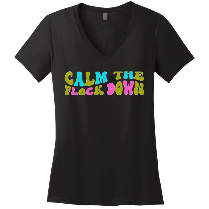 Retro Sassy Flamingo , Calm The Fl Women's V-Neck T-Shirt