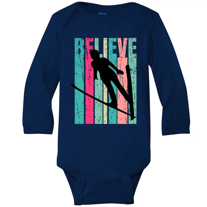 Retro Slalom Female Skier Skiing Jumping Alpine Ski Gift Baby Long Sleeve Bodysuit