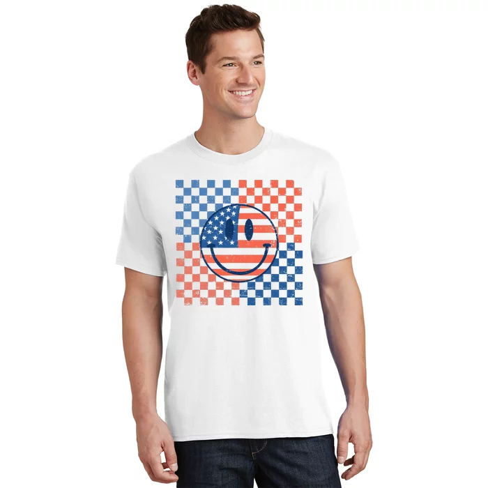 Retro Smiley Face American Flag 4th Of July Patriotic T-Shirt