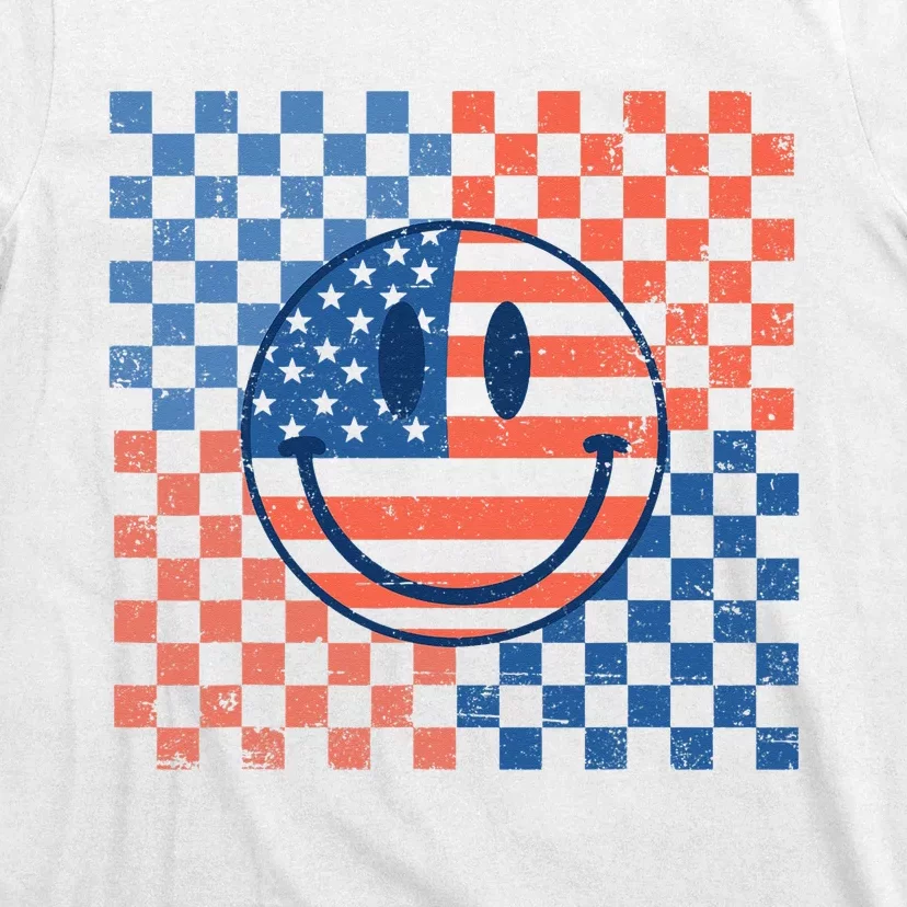 Retro Smiley Face American Flag 4th Of July Patriotic T-Shirt