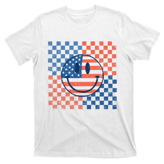 Retro Smiley Face American Flag 4th Of July Patriotic T-Shirt