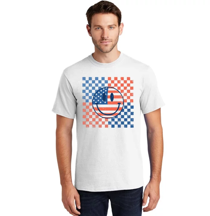 Retro Smiley Face American Flag 4th Of July Patriotic Tall T-Shirt