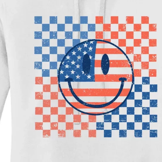 Retro Smiley Face American Flag 4th Of July Patriotic Women's Pullover Hoodie