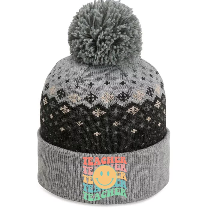 Retro Smiley Face Teacher Colorful The Baniff Cuffed Pom Beanie