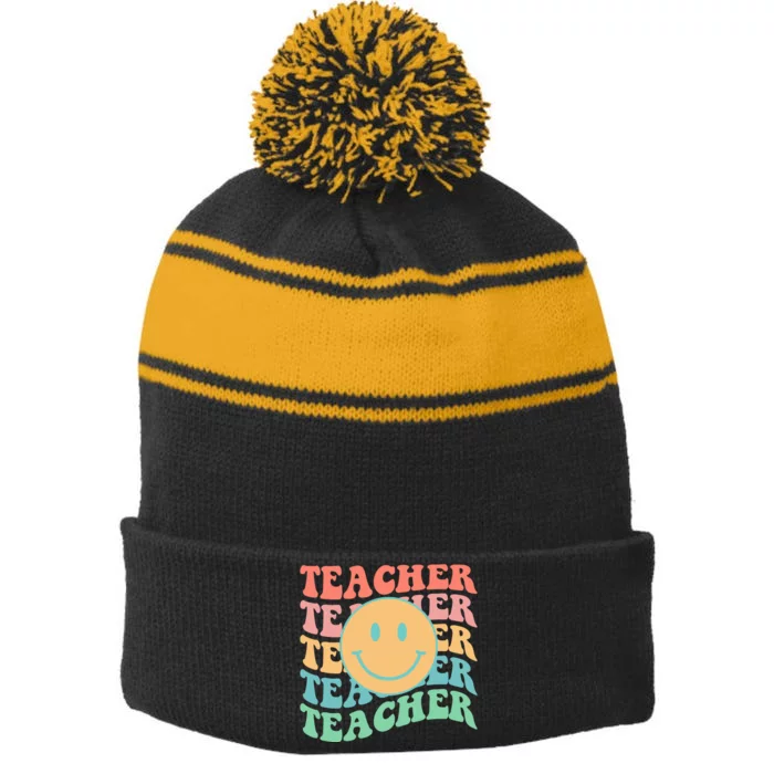 Retro Smiley Face Teacher Colorful Stripe Pom Pom Beanie