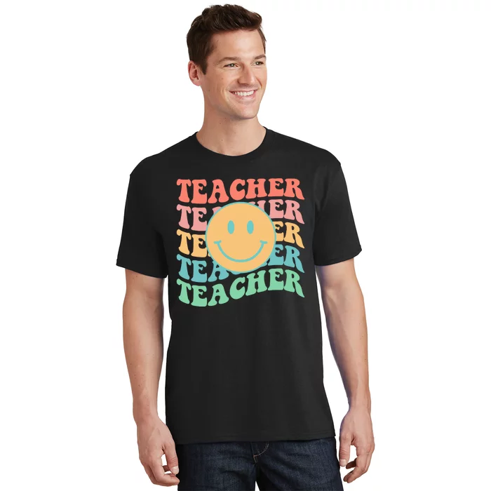 Retro Smiley Face Teacher Colorful T-Shirt