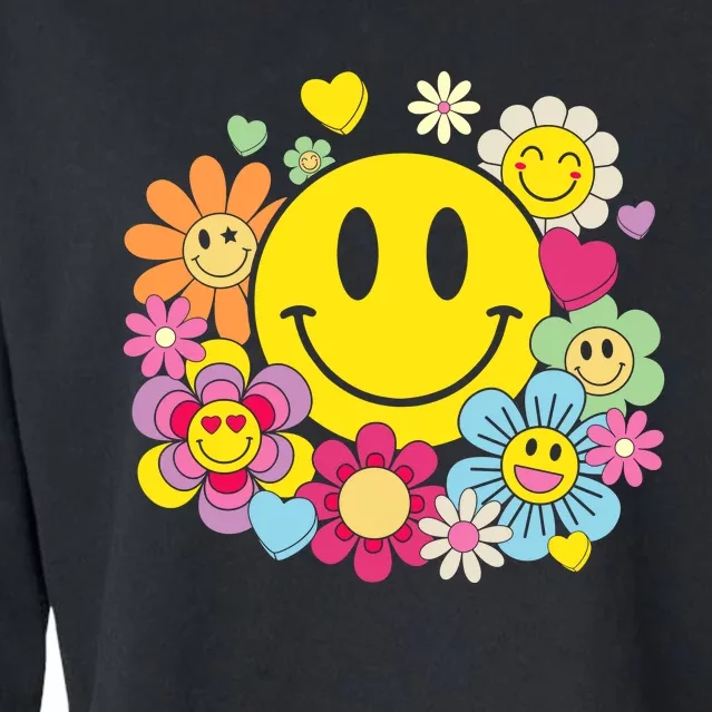 Retro Smile Face Flower Happy Face Flowers Heart Girl Cropped Pullover Crew