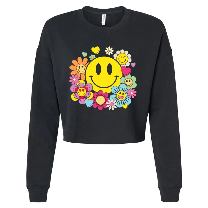 Retro Smile Face Flower Happy Face Flowers Heart Girl Cropped Pullover Crew