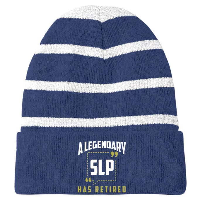 Retired SLP Funny Speech Pathologist Retirement Gift Striped Beanie with Solid Band