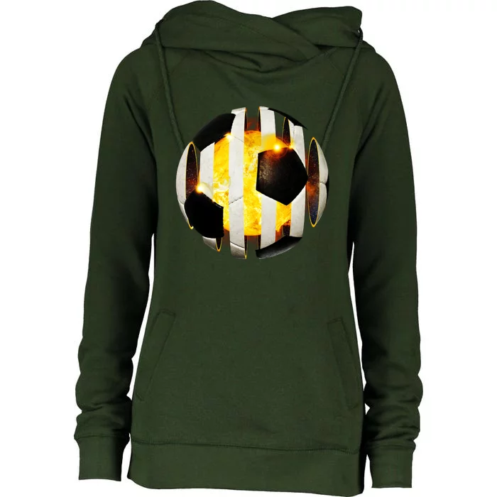 Ripped Soccer Futbol Fire Ball Womens Funnel Neck Pullover Hood