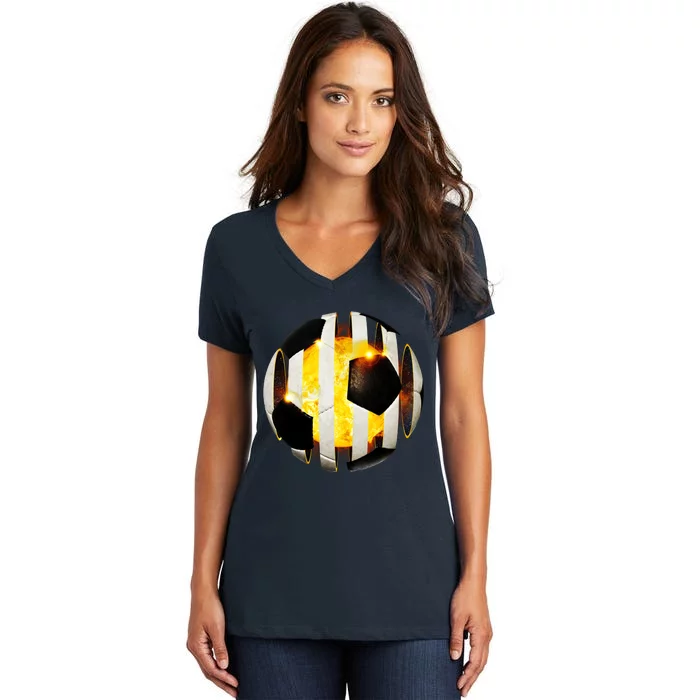 Ripped Soccer Futbol Fire Ball Women's V-Neck T-Shirt