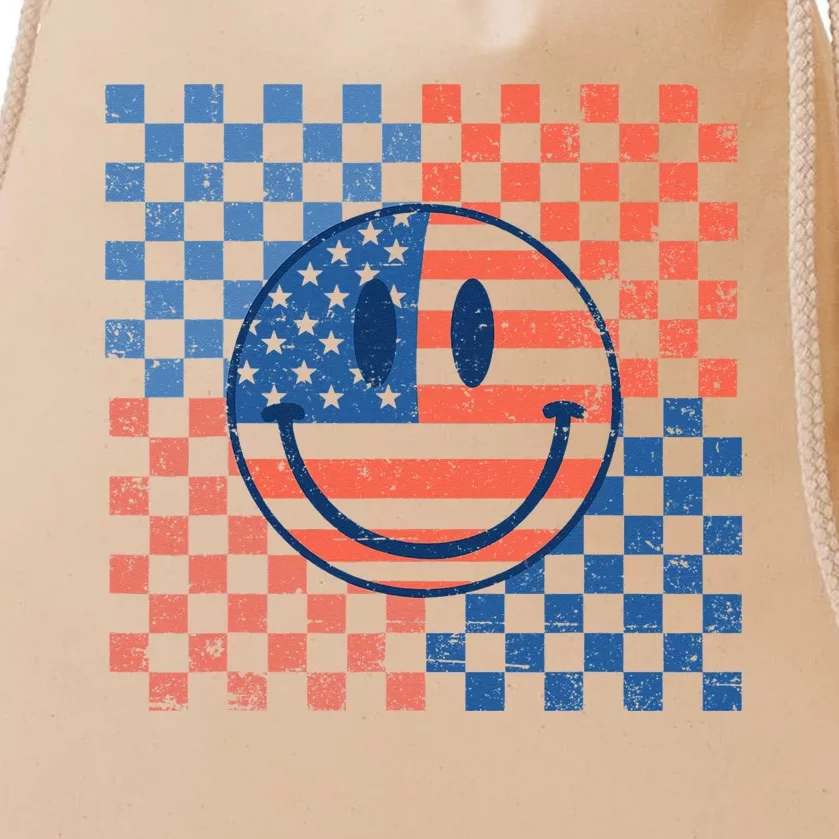 Retro Smiley Face American Flag 4th Of July Patriotic Drawstring Bag