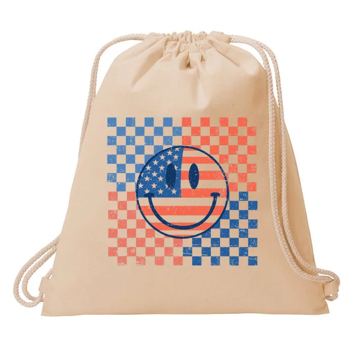 Retro Smiley Face American Flag 4th Of July Patriotic Drawstring Bag