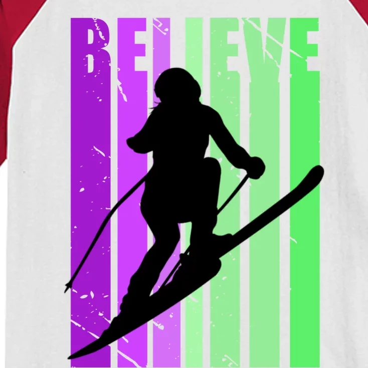 Retro Skiing Females Downhill Skiing Alpine Ski Funny Gift Kids Colorblock Raglan Jersey