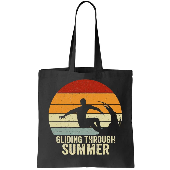 Retro Surfer Gliding through Summer Vintage Surfing Tote Bag