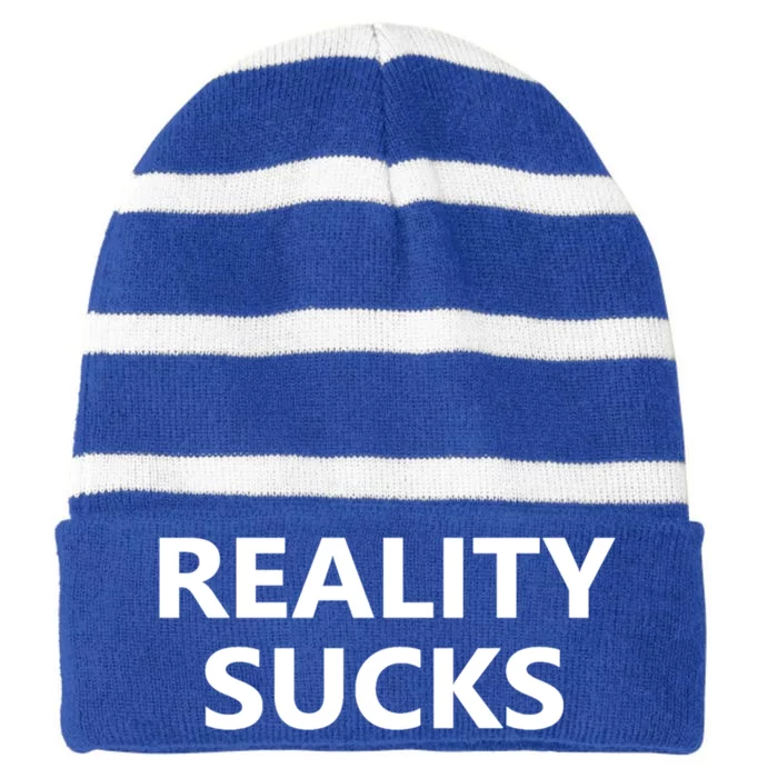 Reality Sucks Grey Letters Ironic Gift Striped Beanie with Solid Band