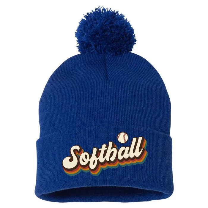 Retro Softball Graphic Softball Gift Pom Pom 12in Knit Beanie