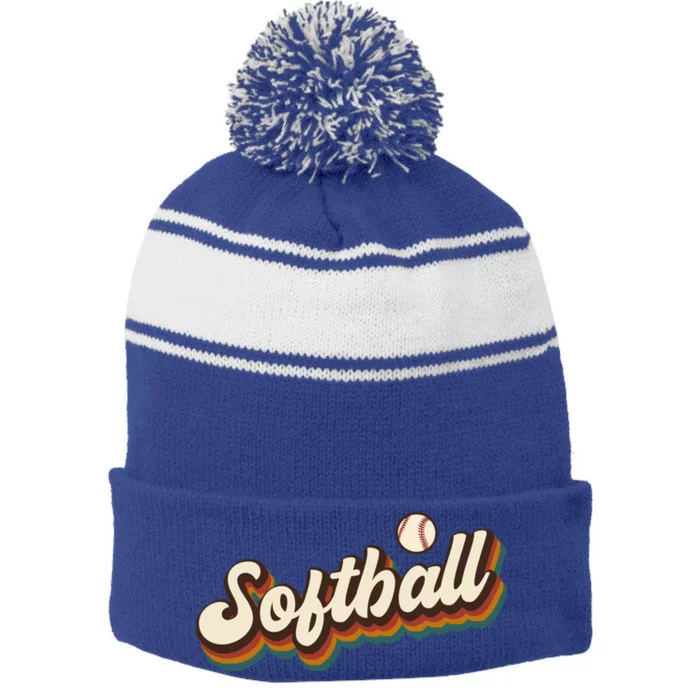 Retro Softball Graphic Softball Gift Stripe Pom Pom Beanie