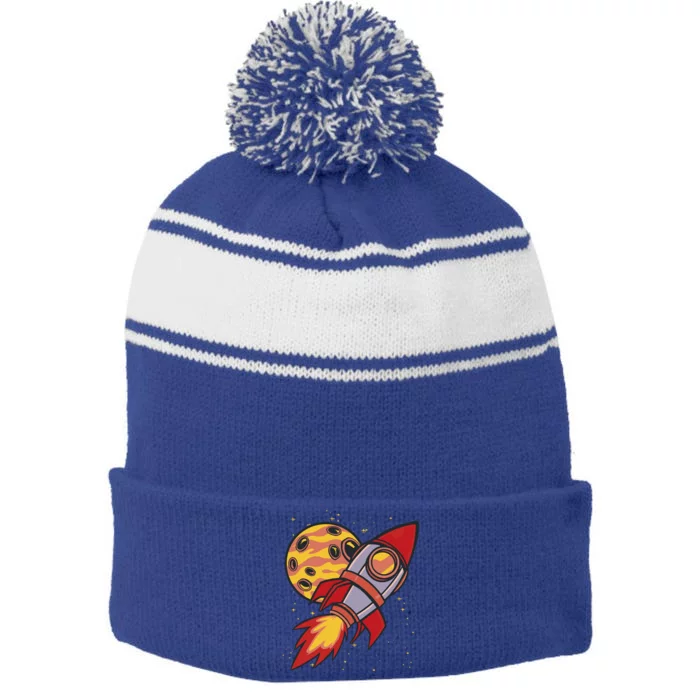 Rocket Spaceship Galaxy Retro Stripe Pom Pom Beanie