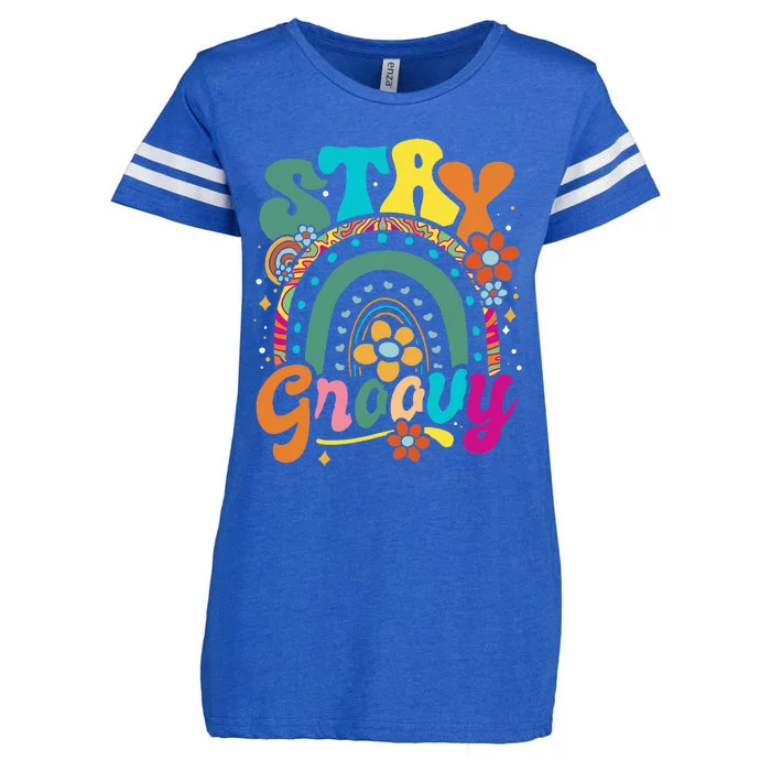 Retro Stay Groovy Cute Floral Rainbow Vintage Hippie 70's Enza Ladies Jersey Football T-Shirt