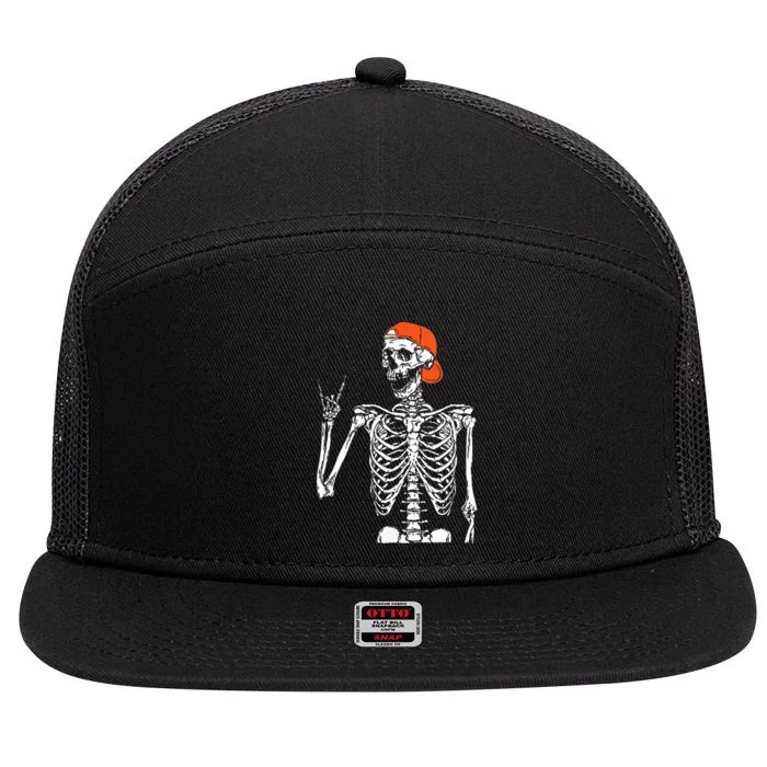 Rocker Skeleton Hand Rock On Costume Funny Halloween Gifts 7 Panel Mesh Trucker Snapback Hat