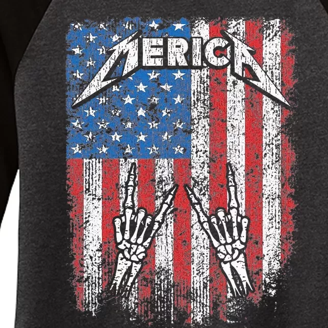 Rock Sign Heavy Metal 4th Of July Us Flag Merica Women's Tri-Blend 3/4-Sleeve Raglan Shirt