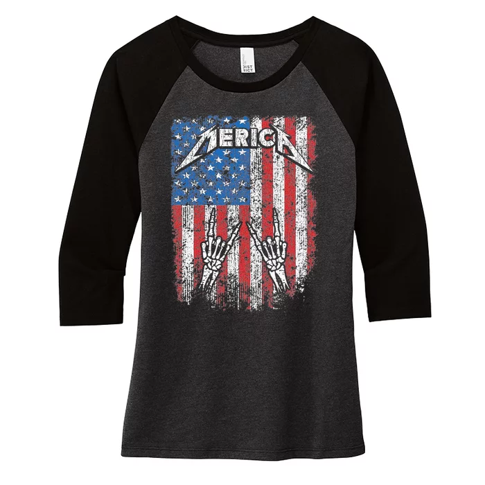 Rock Sign Heavy Metal 4th Of July Us Flag Merica Women's Tri-Blend 3/4-Sleeve Raglan Shirt