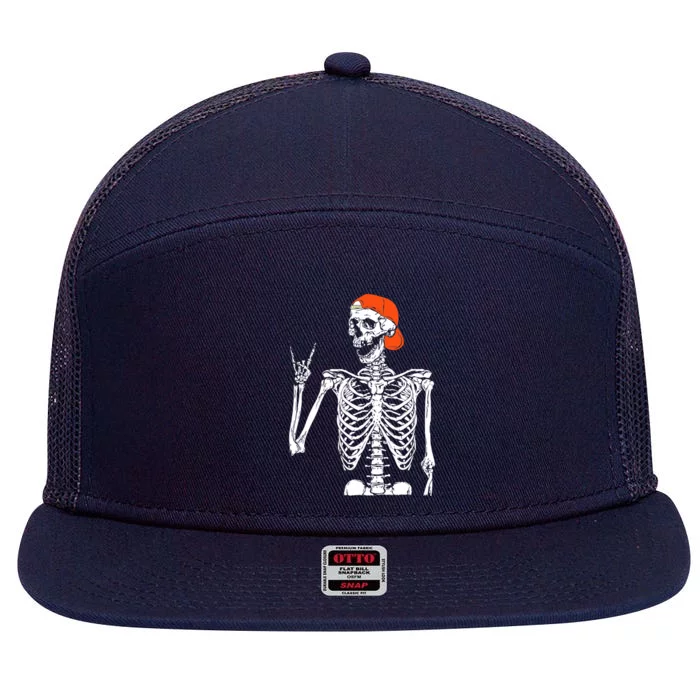 Rocker Skeleton Hand Rock On Costume Funny Halloween Gifts 7 Panel Mesh Trucker Snapback Hat