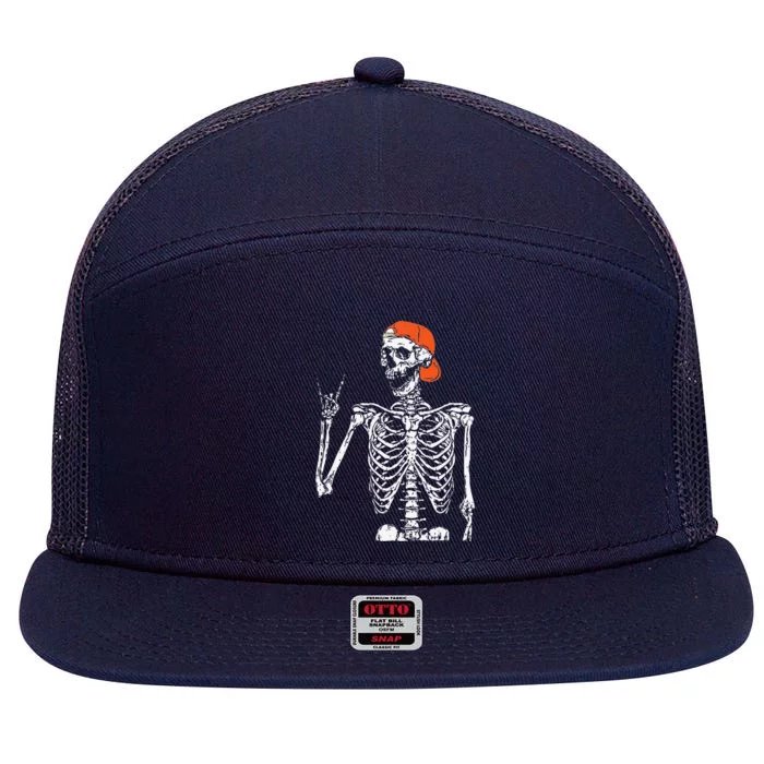 Rocker Skeleton Hand Rock On Costume Funny Halloween Gifts Funny 7 Panel Mesh Trucker Snapback Hat