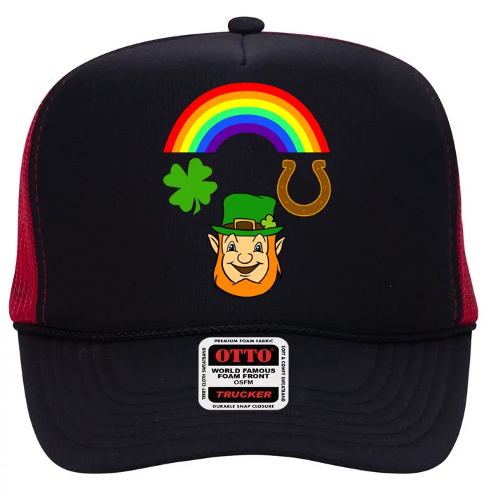 Rainbow Shamrock Horse Shoe Leprechaun St Patricks Gift High Crown Mesh Trucker Hat