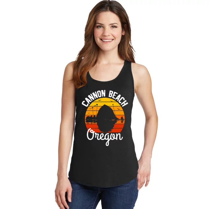 Retro Sunset Haystack Rock Souvenir Cannon Beach Ladies Essential Tank