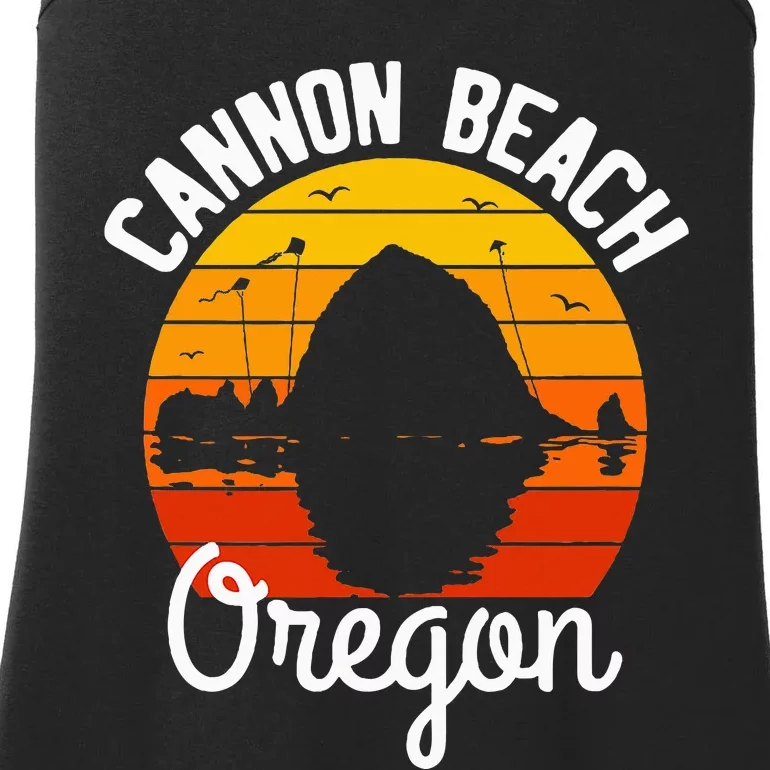 Retro Sunset Haystack Rock Souvenir Cannon Beach Ladies Essential Tank