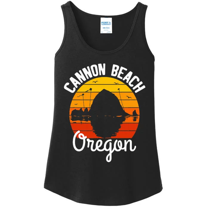 Retro Sunset Haystack Rock Souvenir Cannon Beach Ladies Essential Tank