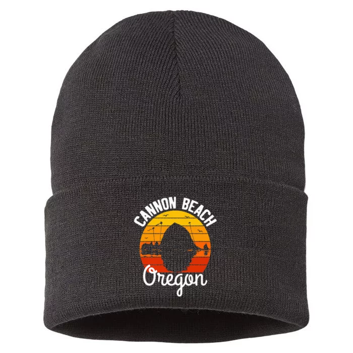 Retro Sunset Haystack Rock Souvenir Cannon Beach Sustainable Knit Beanie