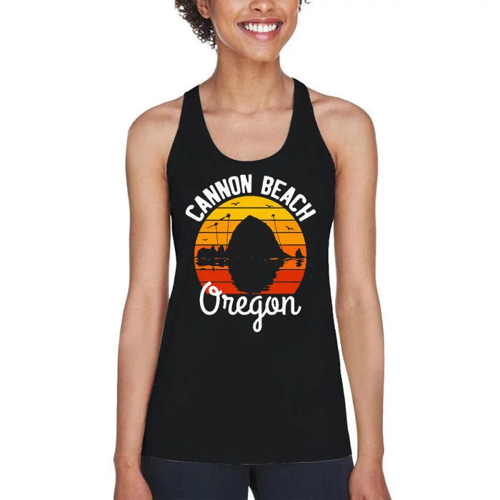 Retro Sunset Haystack Rock Souvenir Cannon Beach Women's Racerback Tank