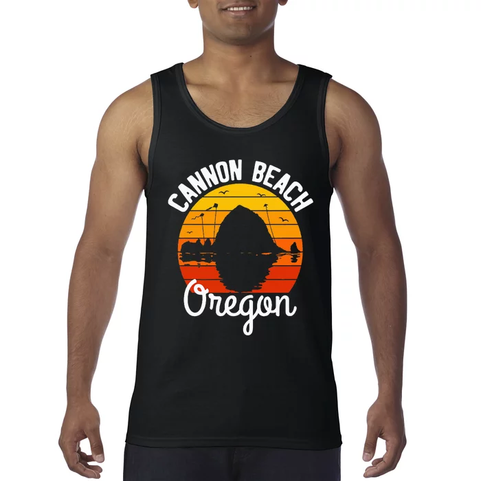 Retro Sunset Haystack Rock Souvenir Cannon Beach Tank Top