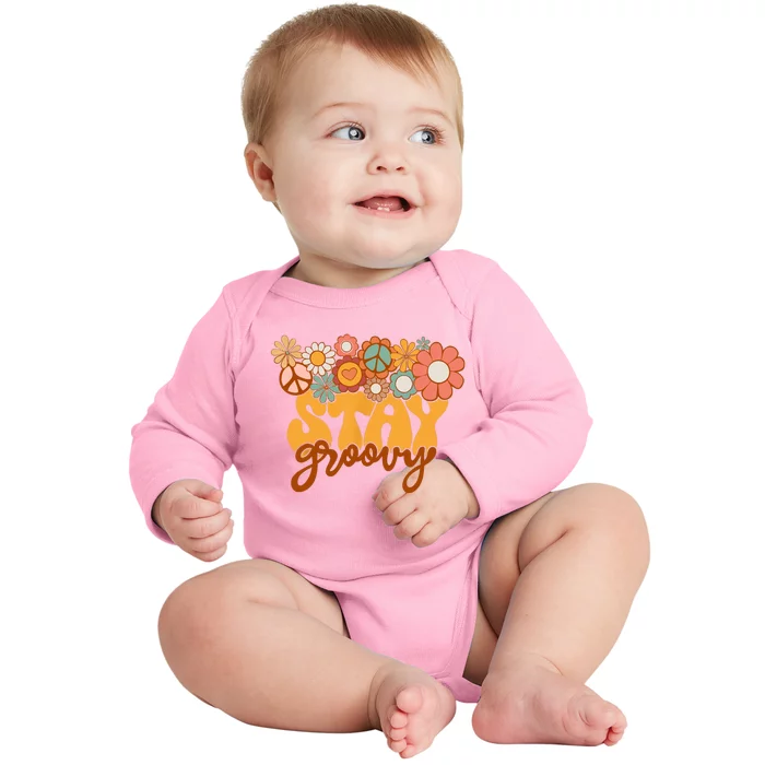 Retro Sunflower Hippie Stay Groovy Positive Mind Happy Life Baby Long Sleeve Bodysuit