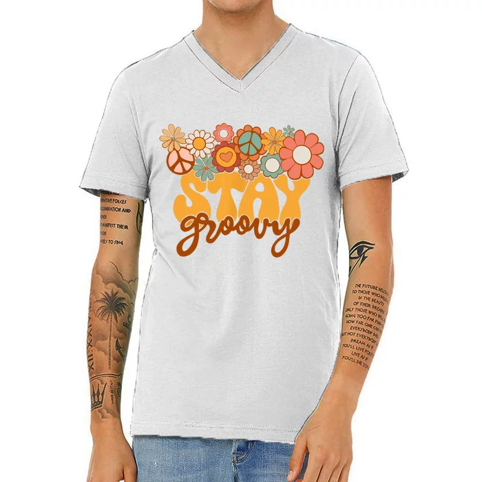 Retro Sunflower Hippie Stay Groovy Positive Mind Happy Life V-Neck T-Shirt