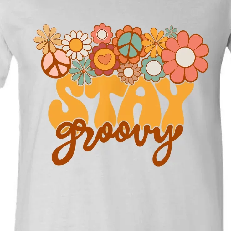 Retro Sunflower Hippie Stay Groovy Positive Mind Happy Life V-Neck T-Shirt