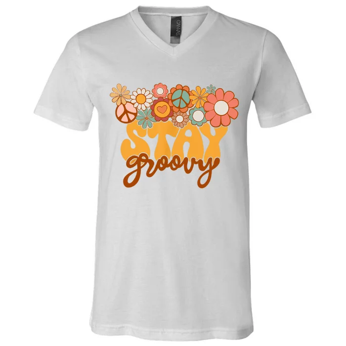 Retro Sunflower Hippie Stay Groovy Positive Mind Happy Life V-Neck T-Shirt