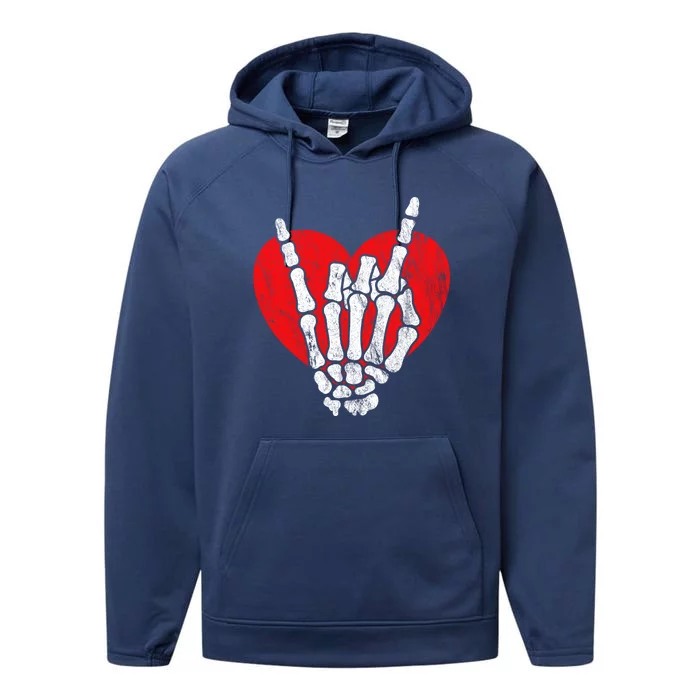 Rock Skeleton Hand Heart Rock N Roll Valentines Halloween Gift Performance Fleece Hoodie