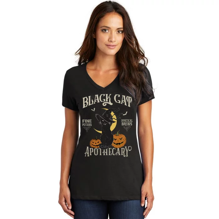 Retro Scary Halloween Costume Black Cat Salem Apothecary Women's V-Neck T-Shirt